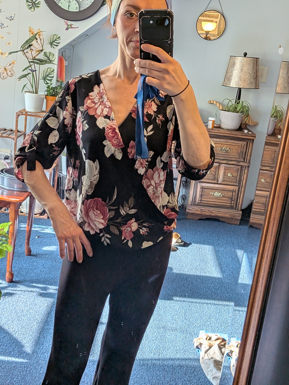 BCX Black Blouse with Pink Floral Print